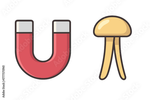 Simple cartoon graphic featuring a red horseshoe magnet and a stylized yellow jellyfish
