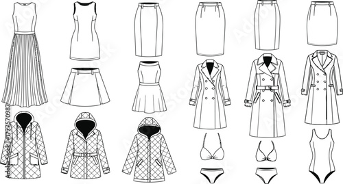 Fashion sketches of dresses skirts coats and swimwear on white background