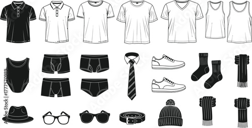 Assortment of men's clothing and accessories in black and white vector
