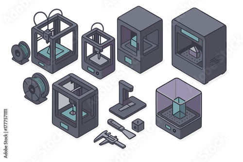 Isometric set of 3D printers, filament spools, and specialized tools for additive manufacturing