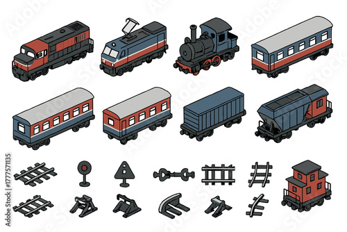 Isometric set of railway transportation vehicles, trains, and infrastructure elements