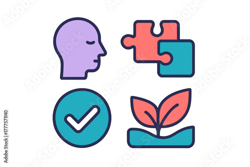 Essential business and psychological concepts: head, puzzle, checkmark, and plant sprout symbols