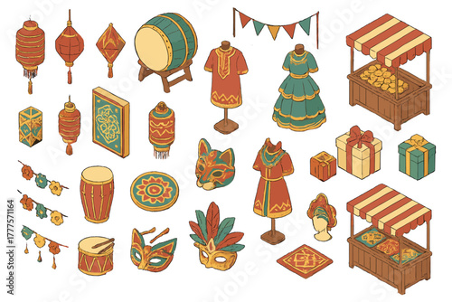 Isometric cultural celebration items set with lanterns, musical instruments, costumes, and gift boxes