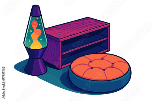 Isometric retro interior objects: glowing lava lamp, wooden shelf, and tufted ottoman