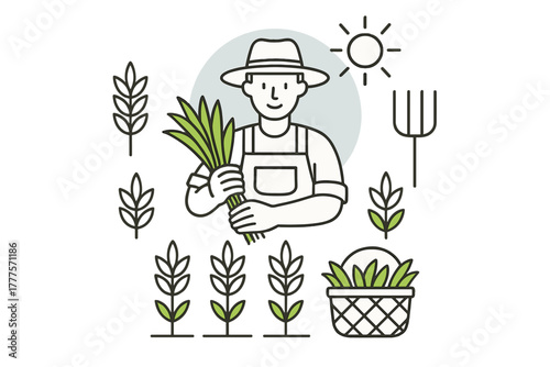 Happy farmer character wearing overalls and hat holding freshly harvested organic produce
