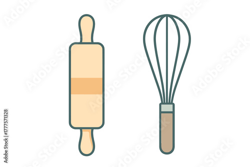 Classic wooden rolling pin and wire whisk baking tools on white background