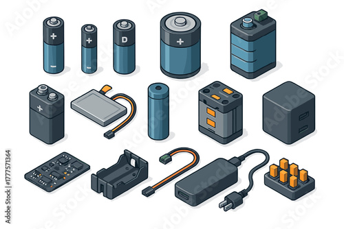Assortment of various battery sizes power packs and charging equipment set