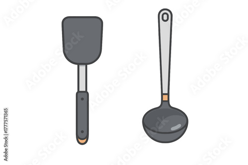 Simple flat design of a kitchen spatula and a soup ladle isolated on white background