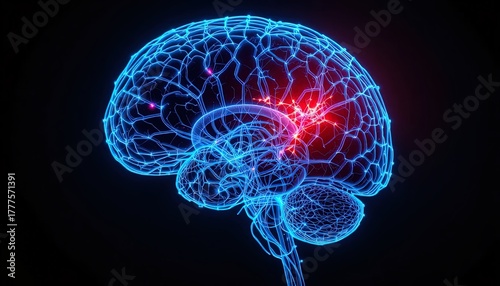 Striking brain scan illustration for medical research, neurological studies, educational resources or scientific presentations showing neural activity