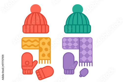 Two sets of warm winter clothing accessories including knitted beanies, patterned scarves, and matching mittens