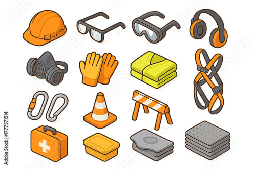 Essential personal protective equipment and construction safety gear collection in isometric perspective