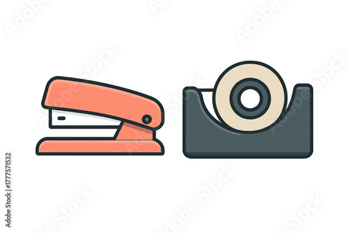 Pair of common desktop stationery tools featuring a stapler and a roll of sticky tape