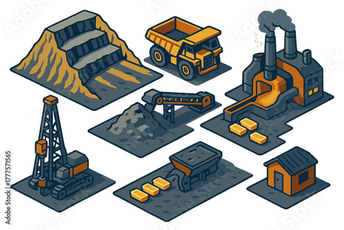 Isometric mining and metallurgy process with heavy machinery, quarry, smelting furnace, and gold bars