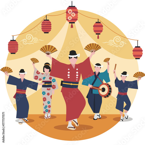 Japanese bon odori festival dance with lanterns, traditional cultural celebration, festive event, vibrant colors, lively atmosphere, cultural festivals concept.