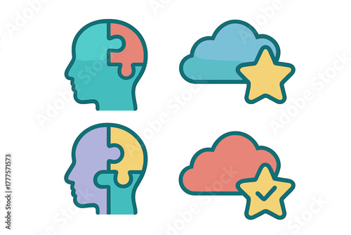 Graphic symbols for cognitive function, memory, problem solving, cloud storage, and quality rating
