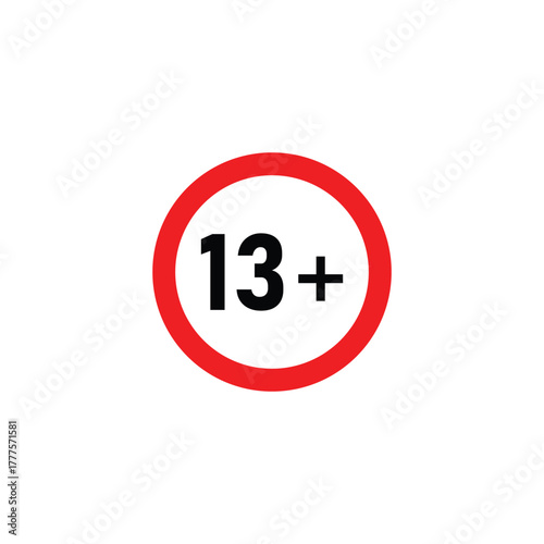 Simple 13 plus age restriction icon with black text inside a red circle on a white background. Ideal for warning labels, parental guidance, digital content, or safety compliance graphics.