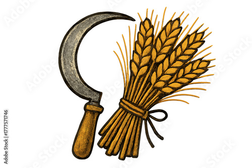 Traditional metal sickle and golden wheat sheaf bundle symbolizing agricultural harvest