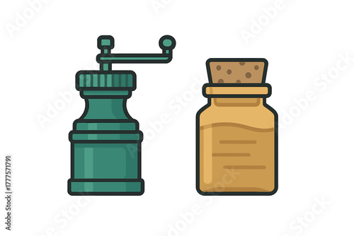 Manual spice mill and corked jar filled with seasoning powder kitchen objects set