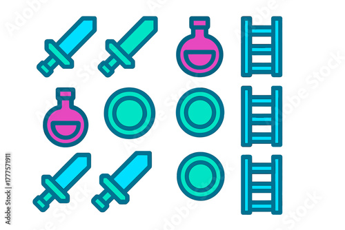 Neon fantasy game assets set featuring swords, magic potions, shields, and ladders