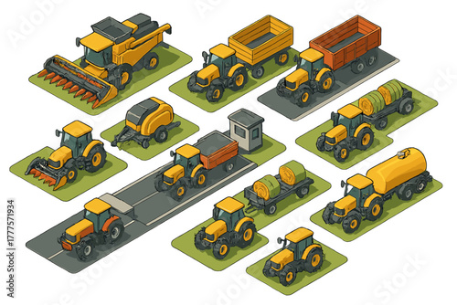 Isometric set of heavy agricultural machinery including tractors, combine harvester, baler, and various trailers