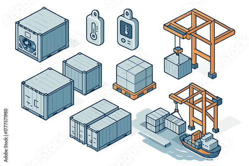 Isometric collection of global logistics, freight transport, shipping containers, cargo ship, and cold chain monitoring elements