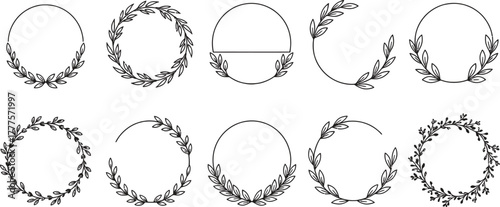 Ten circular leaf frames and wreaths in simple black line drawings
