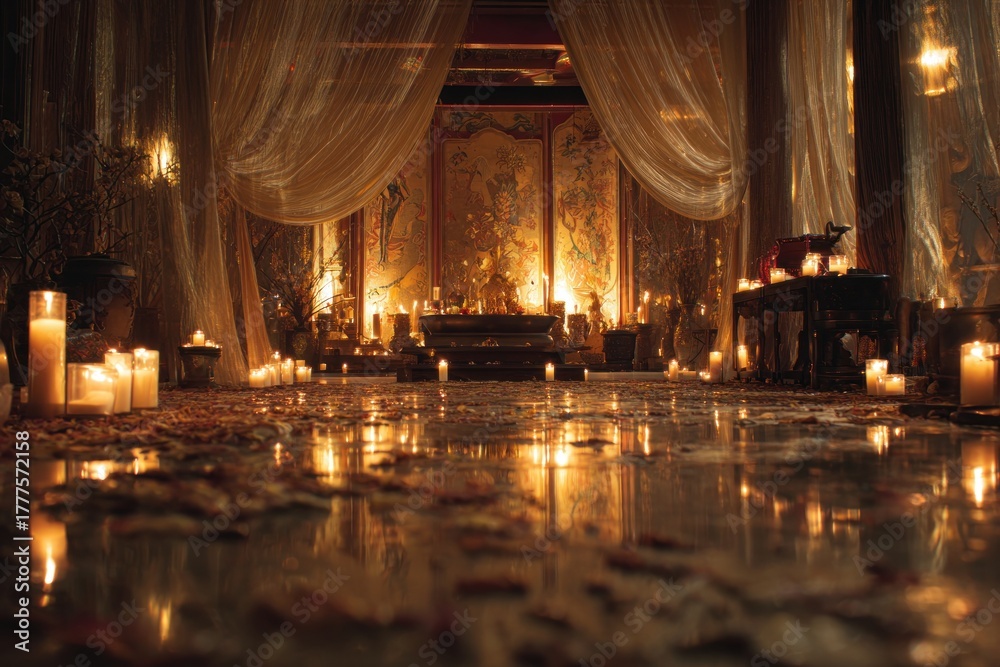 Fototapeta premium candlelit temple interior filled with warm amber light, silk fabrics flowing, petals scattered on the floor