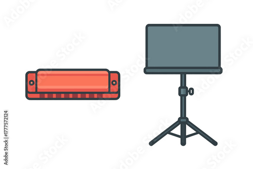 Harmonica musical instrument and portable music stand on a tripod base for performance or practice