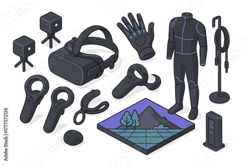 Collection of virtual reality and motion capture equipment including headset, controllers, suit, and sensors in isometric view