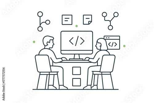 Professional software developers collaborating on coding and data structure development at a shared workstation