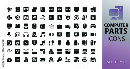 Personal computer parts solid icons. Set of pc components - cpu, motherboard, ram, ssd, hdd, cooling system, power supply, accessories vector symbols.