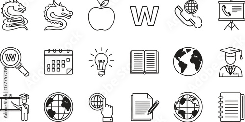 Collection of educational and business themed line art icons set up