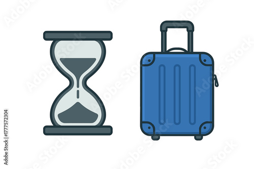 Hourglass sand timer next to a blue travel suitcase for vacation planning