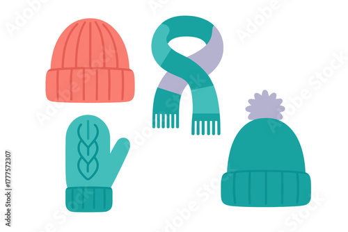 Colorful knitted winter accessories collection including beanies, striped scarf, and warm mitten