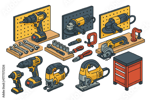 Isometric set of construction and repair tools including drills, saws, grinders, and wrenches
