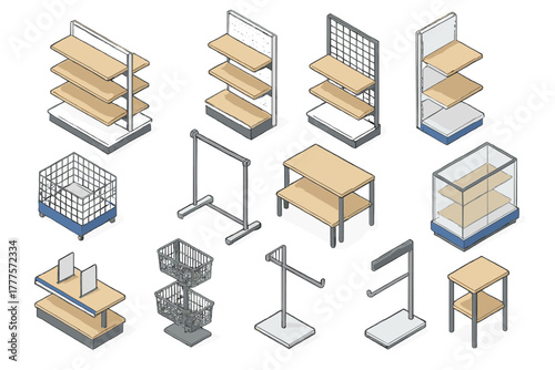 Isometric set of commercial retail store display fixtures including shelves, racks, and baskets