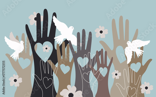 Social workers, volunteers, men and women hold hearts in their hands and reach out to the birds of peace. Unity, cohesion of a multinational society. 