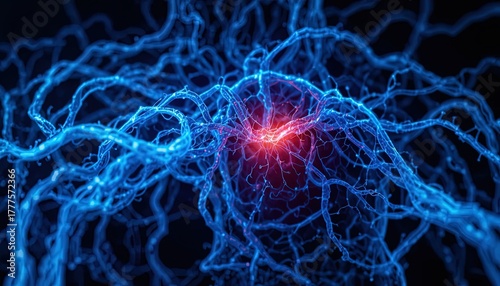 Stunning neuron network with vibrant blue veins and central red glow perfect for science presentations, medical illustrations, and cutting-edge technology concepts