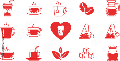 Red line art icons of coffee tea and sugar on a white background layout