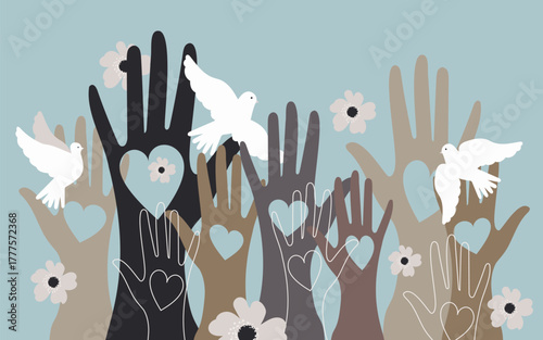 Social workers, volunteers, men and women hold hearts in their hands and reach out to the birds of peace. Unity, cohesion of a multinational society. Vector.