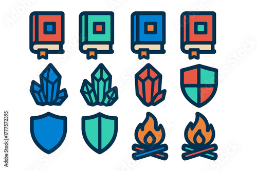 Fantasy adventure icons collection featuring magic spellbooks crystals shields and campfires