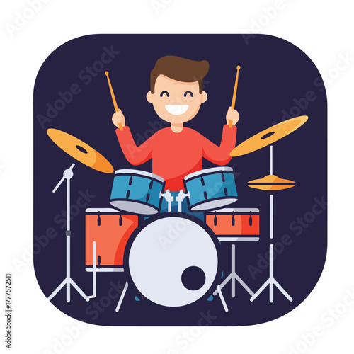 Happy cartoon drummer playing drum set on blue background. Suitable for music events, kids products, or entertainmentrelated designs.