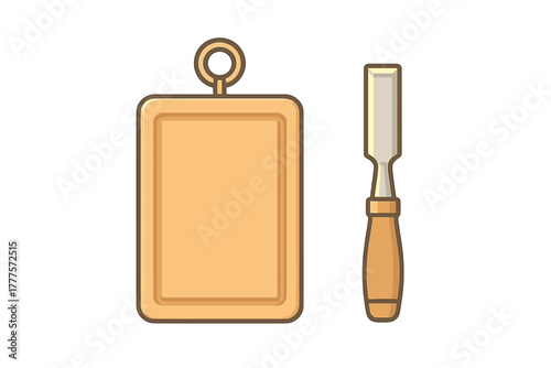 Woodworking tools set featuring a rectangular cutting board and a sharp wood chisel