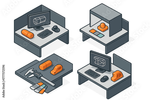 Isometric product design and engineering workflow showing CAD modeling 3D scanning and measurement