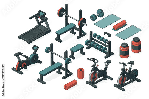 Isometric collection of modern gym equipment for strength training and cardio exercises