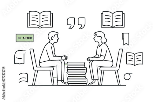 Two people sitting and discussing literature and education surrounded by books