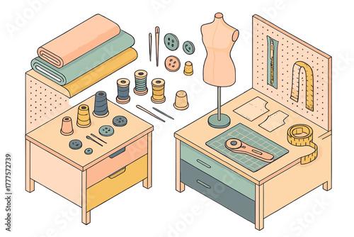 Isometric layout of tailoring and sewing supplies including fabric, thread spools, buttons, and a dress form