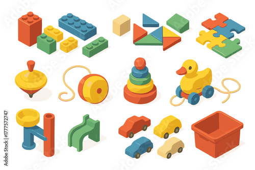 Colorful isometric set of classic children's toys including building blocks, puzzle pieces, cars, and a stacking ring