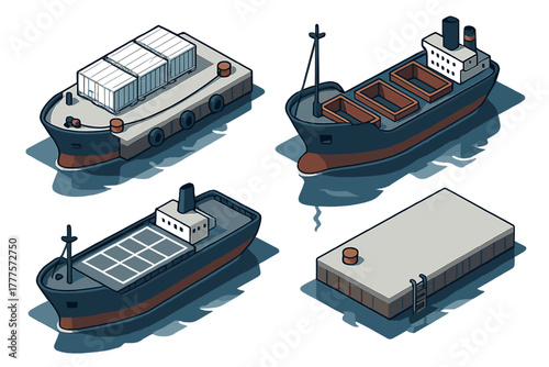 Isometric cargo ships, container vessels, bulk carriers, and pier for global maritime transport