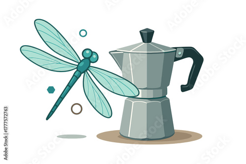 Stylized dragonfly near a classic Moka pot coffee maker on a white background